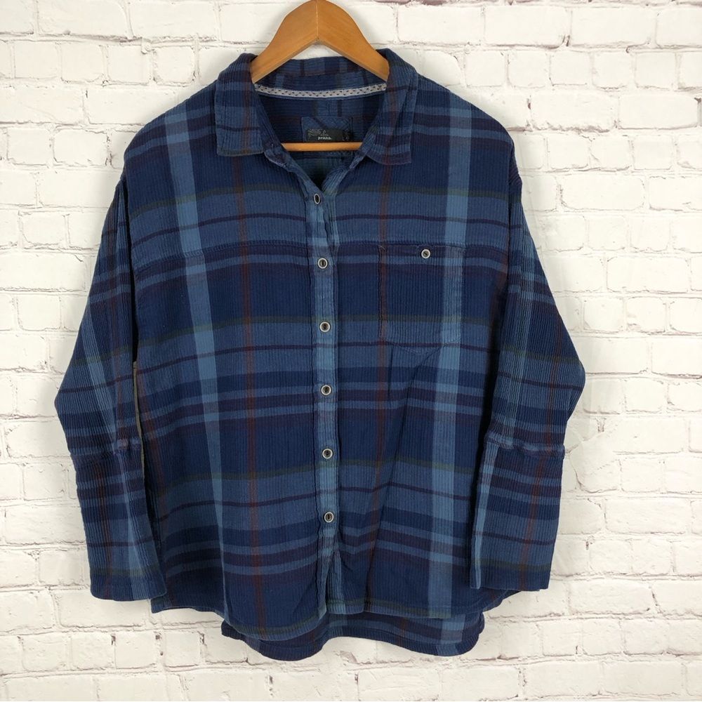 prAna Blue Plaid Button Down Women's Sz Large